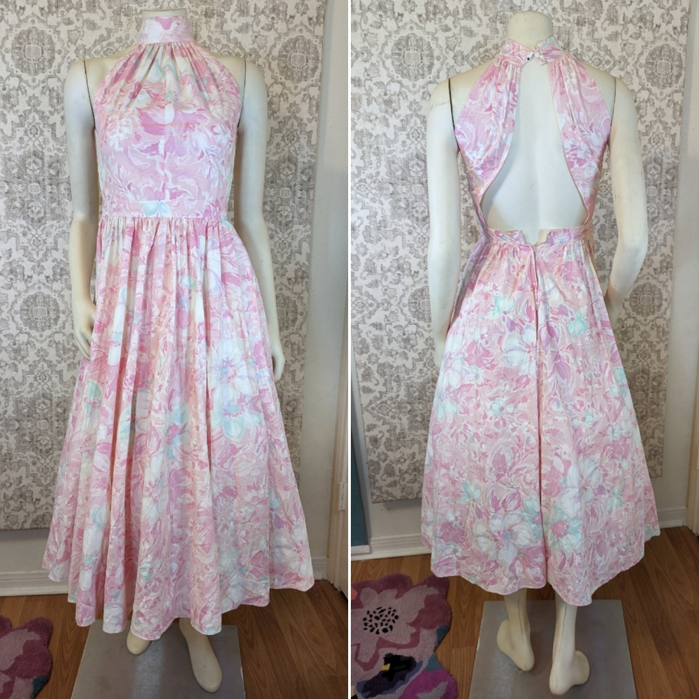 True Vintage Pink & White Floral Fit & Flare 1950s Cotton Sun Dress size 0-2